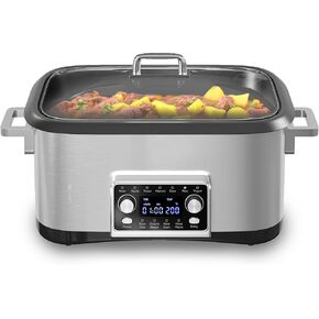 HEYNEMO 2-in-1 Double Slow Cooker, 3 Cups Rice Cooker and 1.5 Quart Slow Cooker with 3 Cooking Setting, Dishwasher-Safe Pot, Glass Lid, Stainless Steel