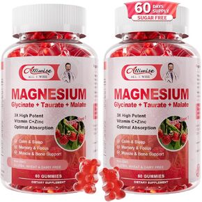 Sugar-Free Magnesium Glycinate Gummies, Complex Magnesium Supplement 600mg with Calcium, Magnesium Glycinate 300 mg with Taurate, Malate, COQ10, Vitamin B6 and D3, Supports for Memory, Calm, Mood