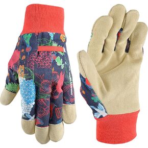 Wells Lamont Women's Leather Palm Garden Print Fabric Gardening Gloves, Navy, Large (4180L-990)