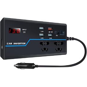 200W Car Power Converter, DC 12V to AC 110V Car Inverter, Car Outlet Adapter with PD 30W(PD3.0)/QC 30W(QC3.0) Fast Charging Ports, Car Plug Converter with On/Off Switch and Current LCD Screen