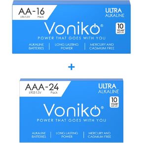 Voniko - Premium Grade Alkaline Batteries - AA Battery 16 Pack & AAA Battery 24 Pack - Ultra Long Lasting, Leakproof 1.5v Batteries