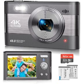 4K Digital Camera, 48MP Vlogging Camera for Photography YouTube Compact Travel Camera with Flash,18X Digital Zoom, Anti Shake 32G SD Card and 2 Batteries