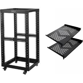 RIVECO 22U Open Frame Server Rack with Wheels- Heavy Duty 4 Post 19-inch, Stereo Rack Rolling Network Shelf & 14" Depth Rack Shelves 2PCS