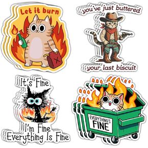 (12pcs) Let It Burn Arson Cat Funny Cat Stickers, It's Fine I'm Fine Everything is Fine Sticker, Vinyl Funny Stickers for Kindle, Laptop Decal, Water Bottle, Car Truck
