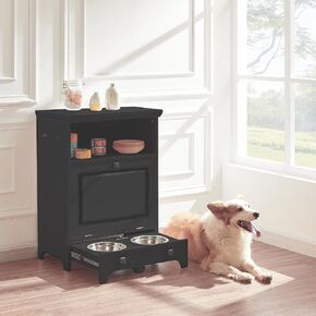 Roomfitters Dog Feeding Station Furniture with 2 Elevated Dog Bowls, Dog Proof Hidden Design, Tilt Out Dog Food Storage Cabinet, Pet Toy Storage Organizer, Natural Wood Tone