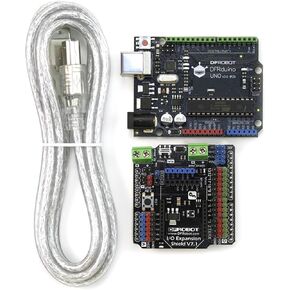 DFRobot UNO R3 with IO Expansion Shield and 1m USB Cable A-B-Compatible with Arduino Uno R3 | ATmega328P-PU Microcontroller + ATMega16U2 USB Communication