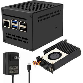Geekworm X1200-C1 Metal Case+PD27W Power Supply+Active Cooler H505 for Raspberry Pi 5 & X1200 UPS & X1000/X1001/X1003/X1015/X1004/M901 PCIe Top
