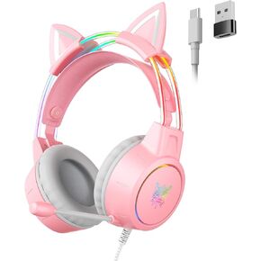 Cat Ear Headphones USB-C, Pink Gaming Headset with Microphone, Rainbow RGB Light, Surround Sound, Compatible with PC/Laptop/PS4/iPad/iPhone, Wired Over Ear Headphones for Girls Women