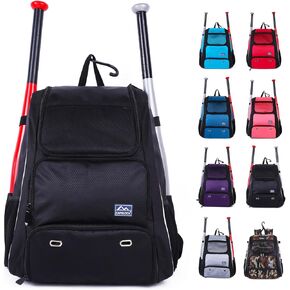 Baseball Bat Bag Backpack,T-Ball & Softball Bat Bag with Shoes Compartment for Youth and Adult, Lightweight Baseball Bag with Fence Hook Hold Bat, Batting Mitten, Helmet, Caps, Teeball Gear