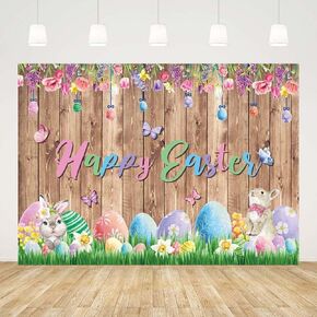 7x5ft Happy Easter Backdrop Easter Bunny Rabbit Rustic Wood Photography Background Spring Easter Garden Grass Colorful Eggs Easter Party Decorations Banner Photo Props