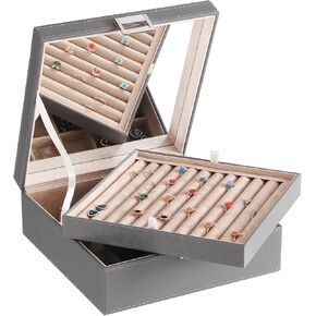 BEWISHOME Cufflink Box Ring Organizer and Earring Box Holder - 12 Ring Slots, 25 Earring Compartments, Large Mirror, 2 Layers Jewelry Box Tray Cufflinks Storage for Girls Women Men, Brown SSH21Z in Kuwait