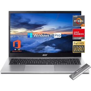 acer Student Business 15.6 "FHD Laptop, AMD Ryzen 7-5700U(Beats i7-1195G7), Windows 11 Pro,32GB RAM,1TB SSD, RJ45, Type-C, HDMI, Lifetime Microsoft Office2024, Skyerd 128 GB Portable SSD,Silver