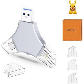 USB 3.0 Flash Drive 64gb for iPhone, 3in1 External Memory Picture Keeper Storage Stick for Photo/Video/Data Saver/Backup, V8.99High Speed Thumb Drives for iPhone/iPad/Android/PC - Linen-White