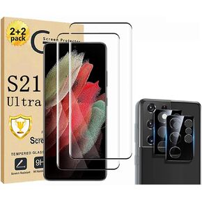 Galaxy S21 Ultra Screen Protector, 2 Pack S21 Ultra Tempered Glass Screen Protector【2+2 Pack】 2 Pack Camera Lens Protector, 9H Hardness Tempered Glass Screen Protector for Samsung Galaxy S21 Ultra