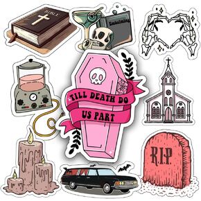 Mortuary School Vinyl Sticker Set - 52Pcs Gothic Funeral & Cemetery Theme Decals - Dark Humor, Embalming, and Cemetery Art Collection for Laptops, Water Bottles & Notebooks