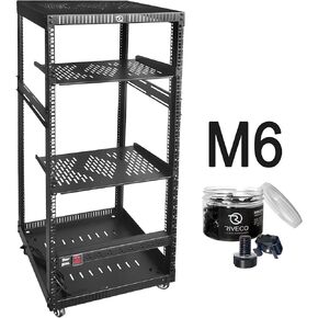 RIVECO 25U Network Rack with Reinforced Top Cover 4 Post Floor Rack on Wheels for 19" Equipment & Stereo Gear- Including Rack Mount Power Strip & 2PCS 1U Rack Shelves & M6 Screws 50 Sets