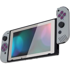 eXtremeRate SFC SNES Classic EU Style Joycon Handheld Controller Housing Buttons, Custom Replacment Shell Case with Colorful Border Tempered Glass Screen Protector for Nintendo Switch Joy-Con