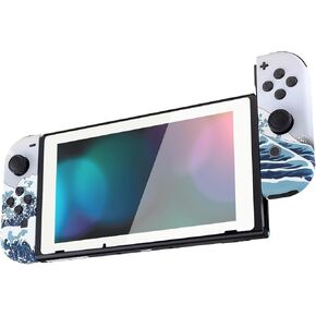 eXtremeRate The Great Wave Joycon Handheld Controller Housing Buttons, Custom Replacment Shell Case with Colorful Border Tempered Glass Screen Protector for Nintendo Switch Joy-Con
