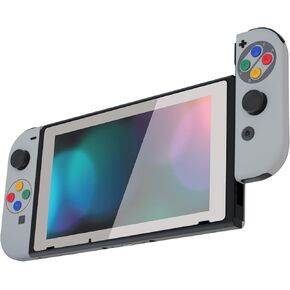 eXtremeRate SFC SNES Classic EU Style Joycon Handheld Controller Housing Buttons, Custom Replacment Shell Case with Colorful Border Tempered Glass Screen Protector for Nintendo Switch Joy-Con