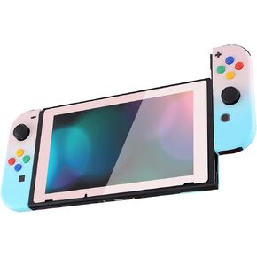 eXtremeRate Gradient Pink Blue Soft Touch Joycon Handheld Controller Housing Buttons, Custom Replacment Shell Case with Colorful Border Tempered Glass Screen Protector for Nintendo Switch Joy-Con