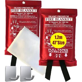 SKAMZ Emergency Fire Blanket XL Size - 47" x 47" - 3 Pack W/Hooks - Fire Blanket for Kitchen, Fiberglass Fire Extinguisher Blanket, Heavy Duty Fire Suppression Blankets for Home Safety