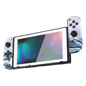 eXtremeRate The Great Wave Dpad Version Joycon Handheld Controller Housing Buttons, Custom Replacment Shell Case with Colorful Border Tempered Glass Screen Protector for Nintendo Switch Joy-Con