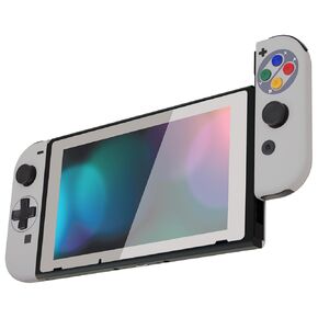 eXtremeRate SFC SNES Classic EU Style Dpad Version Joycon Handheld Controller Housing Buttons, Replacment Shell Case with Colorful Border Tempered Glass Screen Protector for Nintendo Switch Joy-Con