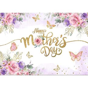 7x5ft Happy Mother's Day Backdrop – Floral Photography Background with Gold Dots, Mother's Day Photo Booth Banner for Women, Mom Birthday or Party Decor 068
