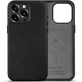 Belemay for iPhone 14 Pro Leather Case Compatible with MagSafe, Full-Grain Vegetable-Tanned Leather, Metal Buttons & Camera Bezel - Slim Fit&Sleek - Luxury Phone Cover (6.1-inch)-Black
