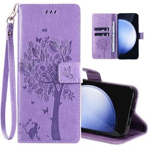 for Samsung Galaxy S25 Plus Case Wallet Women Man,PU Leather Tree Cat Flowers Embossed Wrist Strap Card Slots Pocket Kickstand Flip Protective Phone Case Cover for Samsung Galaxy S25 Plus Light Purple