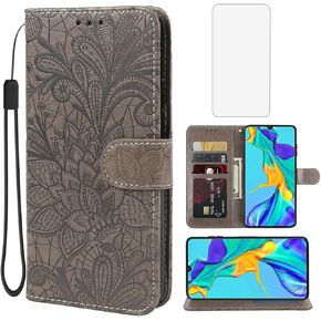 Case for Huawei P30 Case, P 30 ELEL29 ELEL09 Wallet Case with Tempered Glass Screen Protector, Lace Flower PU Leather Flip Credit Card Holder Phone Cover for Huawei P30 Red