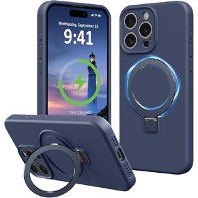 Compatible with iPhone 14 Pro Case Stand, Full Camera Protection Slim Liquid Silicone Phone Cases Fit for iPhone 14 Pro Compatible with MagSafe Magnetic Ring Kickstand Case 6.1", Dark Blue