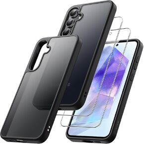 JETech 3 in 1 Matte Case for Samsung Galaxy A55 5G with 2-Pack Tempered Glass Screen Protector, Translucent Frosted Shockproof Phone Cover with Camera Protection (Black)