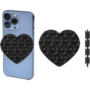 Silicone Car Suction Cup Phone Case Mount, 2PCS Double Sided Heart Shape Vehicle Phone Holder, Hands-Free Sticky Grip Automotive Cell Phone Holder for Selfies Videos, Universal Fit (Black)