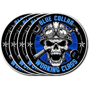 Pack 4 PCS Blue Collar Working Class Stickers Skull Dirty Hand Hard Hat Waterproof Vinyl Decals Decor Latop Water Bottle Car Truck Bumper Toolbox Gifts for Lineman Engineer Welder