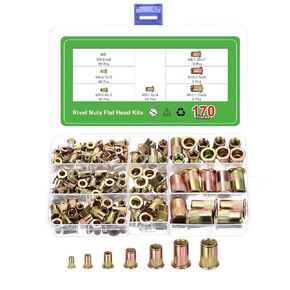 uxcell 410Pcs Rivet Nut Flat Head, M3, M4, M5- M6, M8, M10, M12 Carbon Steel Threaded Insert Nuts Knurled Body Zinc Plated Finish