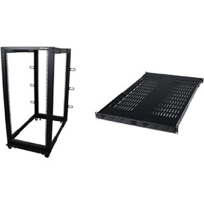 StarTech.com 25U Open Frame Server Rack, Black & 1U Adjustable Vented Server Rack Mount Shelf - 175lbs - 19.5 to 38in Deep Universal Tray for 19" AV/Network Equipment Rack (ADJSHELF), Black