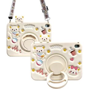 for iPad (A16) 11th/10th Generation 11''/10.9'' 2025/2022 Case for Kids Boys Girls with Pencil Holder& Strap, Cute Bear Design, Soft Silicone & Rotatable Kickstand Table Case (Brown)