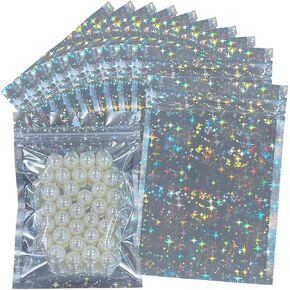 100pcs Holographic Mylar Bags 5.5x7.8 inch, Star Pattern Foil Sample Packaging Pouch Zip Baggies For Candy Jewelry Lash Lip Gloss