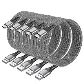 متوافق مع شاحن iPhone ، 5pack 3 و 3 و 6 و 6 و 10 قدم USB كابل لكابل USB C Charger طويل ، سلك سريع للشحن للهاتف للهاتف 16/15 Pro Max Samsunngg Galaxxyy S10 S9 S8 Plus ، 2 XL (رمادي)