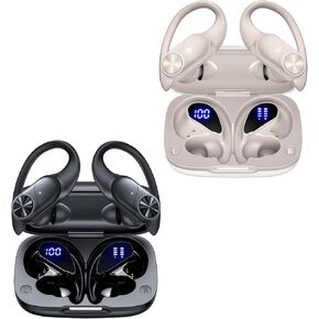 2 Sets Bluetooth Headphones Wireless Earbuds 80hrs Playtime Wireless Charging Case Sports Ear buds with Earhook Premium Deep Bass IPX7 Waterproof Over-Ear Earphones for Phone Laptop Black + Pearl Gray