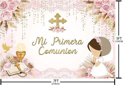 Mehofond 7x5ft Boho Baptism Backdrop for Boys Mi Primunion Comunion تعميد الخلفية الخلفية الله يبارك أولاً بالتواصل المقدس Mi Bautizo Chalice Pampas Grass Party Decorations Banner Photo Props in Kuwait