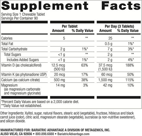 Bariatric Advantage Calcium Citrate Chewable 500 mg - for Bariatric Surgery Patients - High-Potency, Easy-Digest Tablets - Calcium Citrate - Bone Strength Supplements* - 90 Count - Chocolate in Kuwait