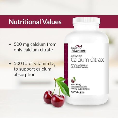 Bariatric Advantage Calcium Citrate Chewable 500 mg - for Bariatric Surgery Patients - High-Potency, Easy-Digest Tablets - Calcium Citrate - Bone Strength Supplements* - 90 Count - Chocolate in Kuwait