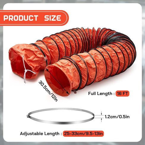 Pangda 25 قدم PVC خرطوم مجاري مرن خرطوم مجاري 12 بوصة HVAC خرطوم مثبطات اللهب مع مشابك مجاري الهواء من الفولاذ المقاوم للصدأ، مشابك خرطوم قابلة للتعديل لمروحة عادم منفاخ المرافق مقاس 12 بوصة in Kuwait