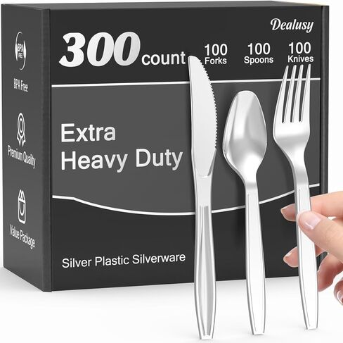 300 Count Extra Heavy Duty Clear Plastic Silverware, 100 Forks, 100 Spoons, 100 Knives, BPA-Free, Heat Resistant, Disposable Plastic Utensils Set, Plastic Cutlery Set, Plasticware Bulk in Kuwait
