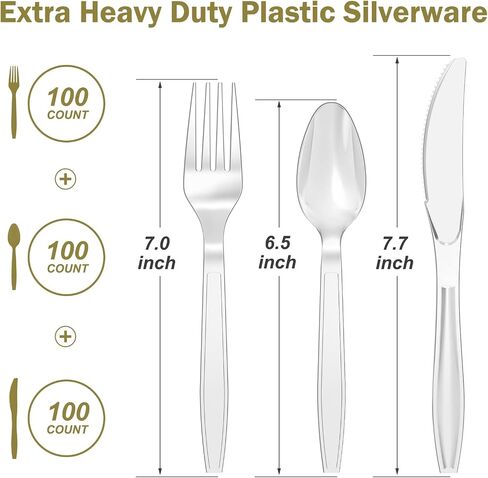 300 Count Extra Heavy Duty Clear Plastic Silverware, 100 Forks, 100 Spoons, 100 Knives, BPA-Free, Heat Resistant, Disposable Plastic Utensils Set, Plastic Cutlery Set, Plasticware Bulk in Kuwait
