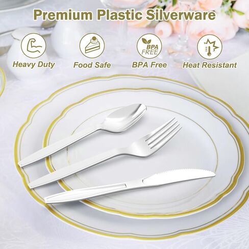 300 Count Extra Heavy Duty Clear Plastic Silverware, 100 Forks, 100 Spoons, 100 Knives, BPA-Free, Heat Resistant, Disposable Plastic Utensils Set, Plastic Cutlery Set, Plasticware Bulk in Kuwait