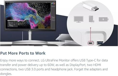 LG Ultrafine 27-Inch 4K UHD IPS Monitor with HDR10 with VESA DisplayHDR 400, AMD FreeSync, andUSB Type-C 90W PD, Built-in Speaker, HDMI, DisplayPort, Tilt/Height/Pivot Adjustable Stand, White in Kuwait