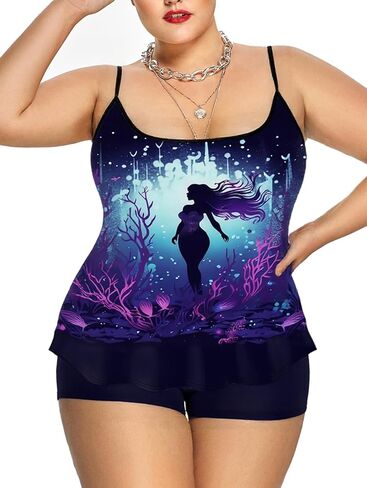 Rosegal Plus Size Women Gothic Tummy Control Modest Tankini Swimsuit Mermaid Print Boyleg Padded Tankini Swimwear in Kuwait
